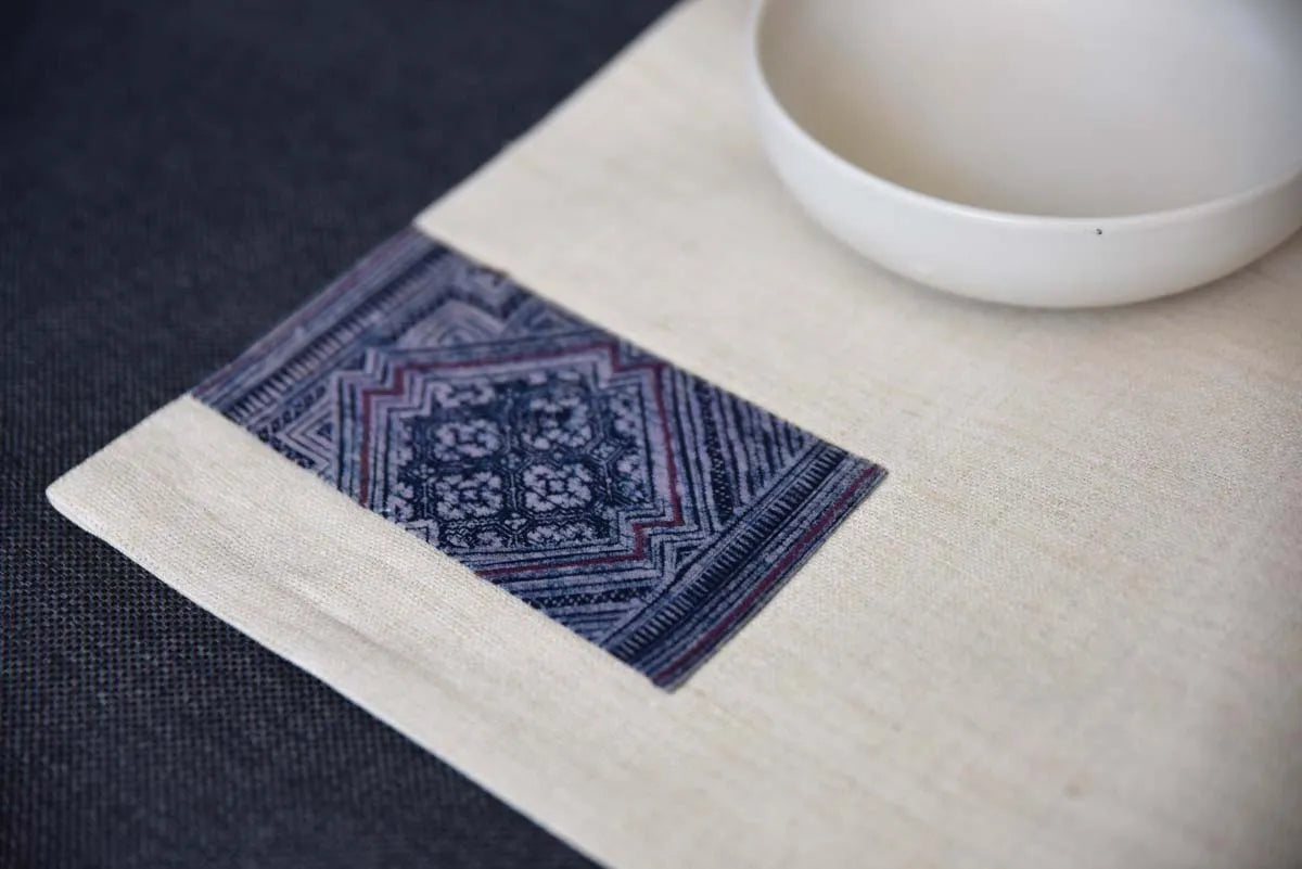 Close-up of indigo patterned corner on hemp placemat