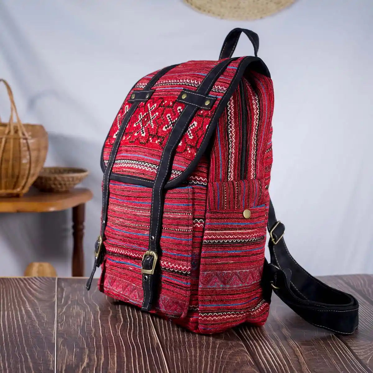 Vindigo red embroidered cotton backpack side view