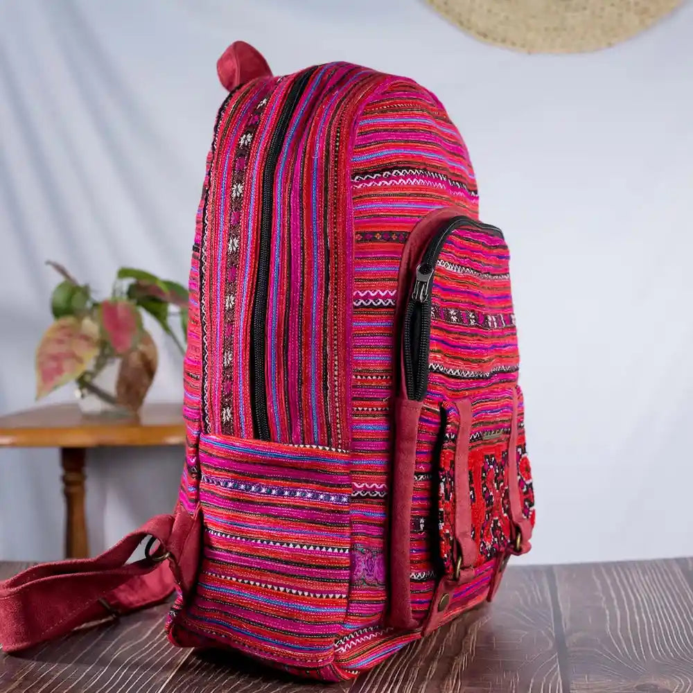 Vindigo pink embroidered cotton backpack side view