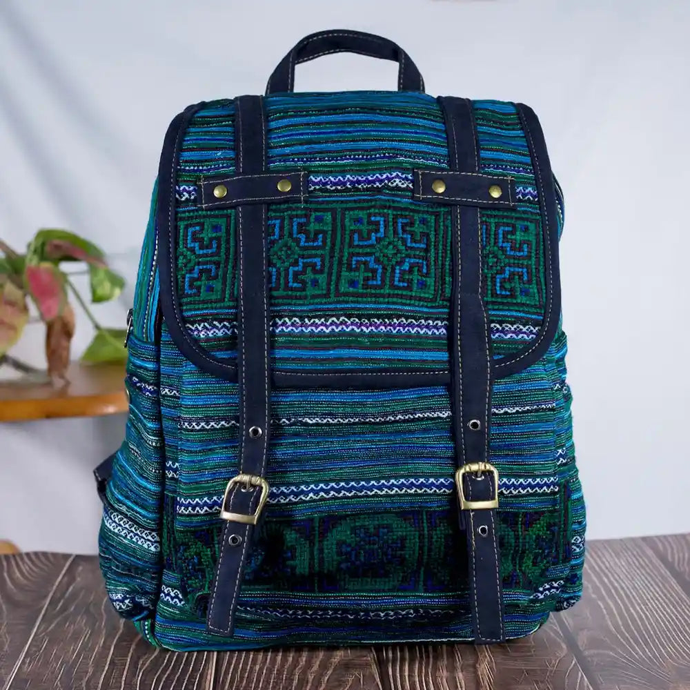 Vindigo blue embroidered cotton backpack front view