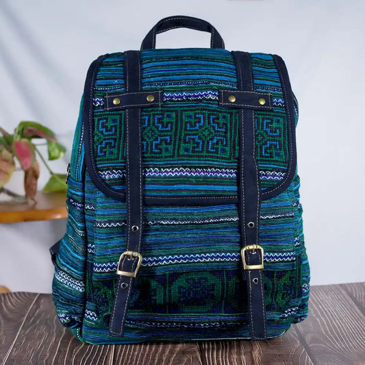 Vindigo blue embroidered cotton backpack front view