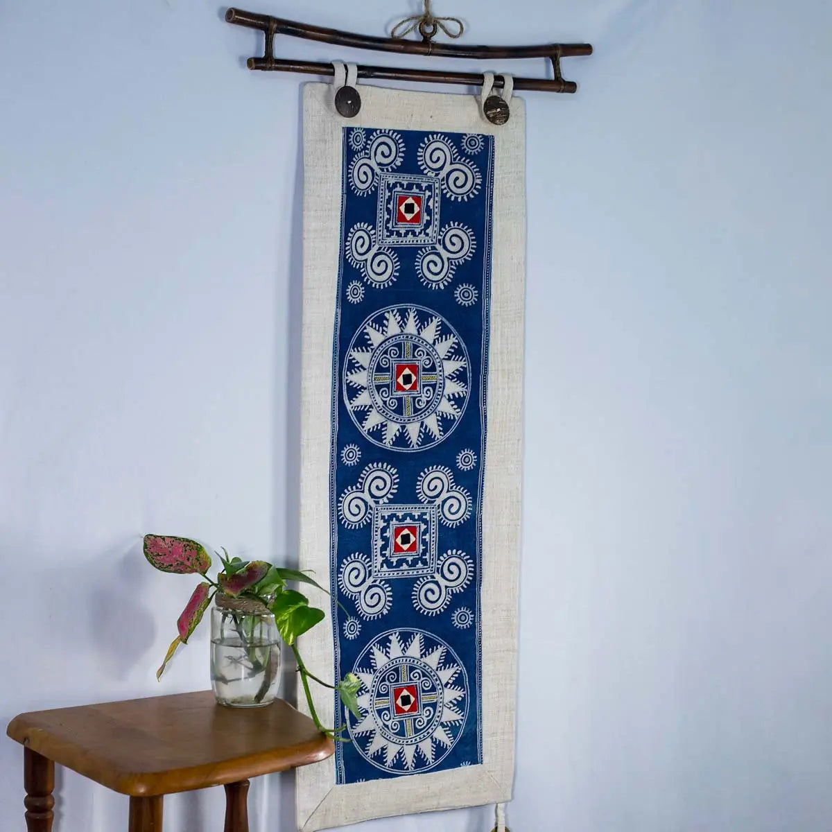 Vindigo indigo hemp batik tapestry displayed on wall