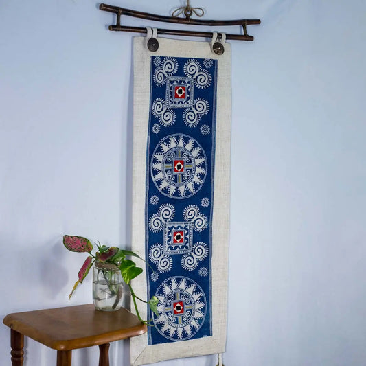Vindigo indigo hemp batik tapestry displayed on wall