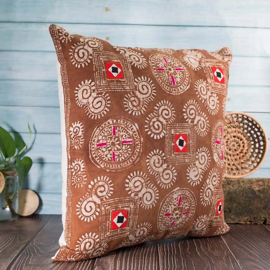 Vindigo hand-drawn batik cushion cover in brown cotton front angle