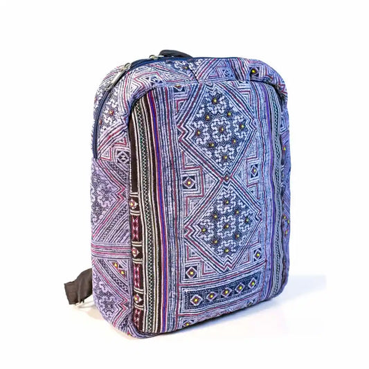 Vindigo handmade purple hemp backpack with geometric embroidery front view