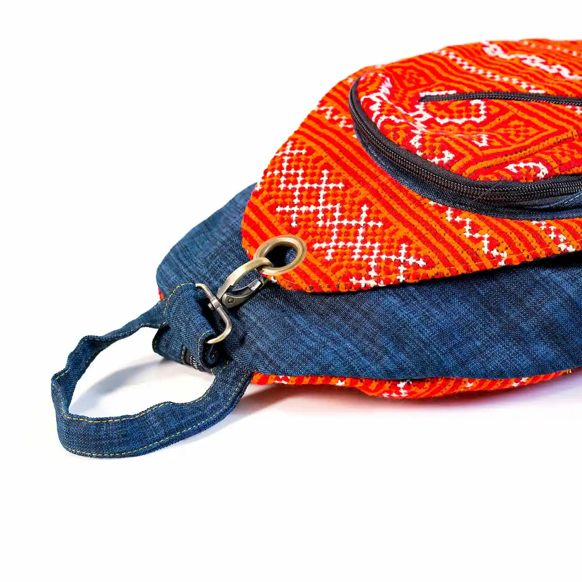 Vindigo red and indigo hemp embroidered backpack side view