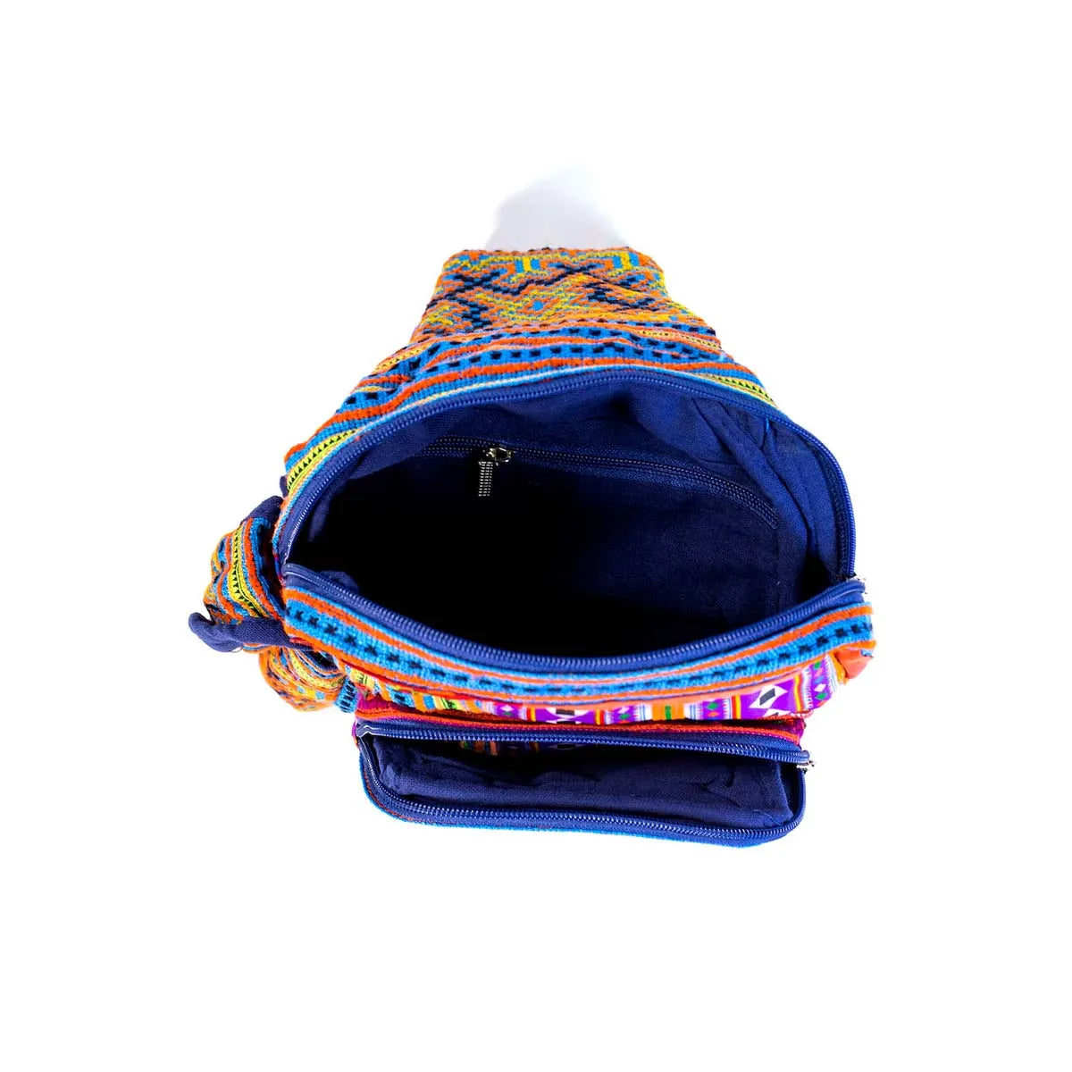 Vindigo colorful hemp tribal backpack open interior view