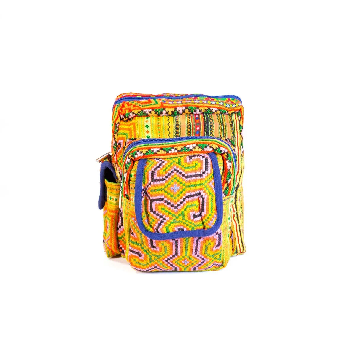 Vindigo yellow hemp tribal sling bag with geometric embroidery front