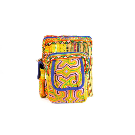 Vindigo yellow hemp tribal sling bag with geometric embroidery front