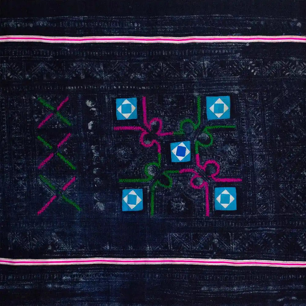 Vindigo vintage Hmong black fabric with glowing square embroidery and pink border