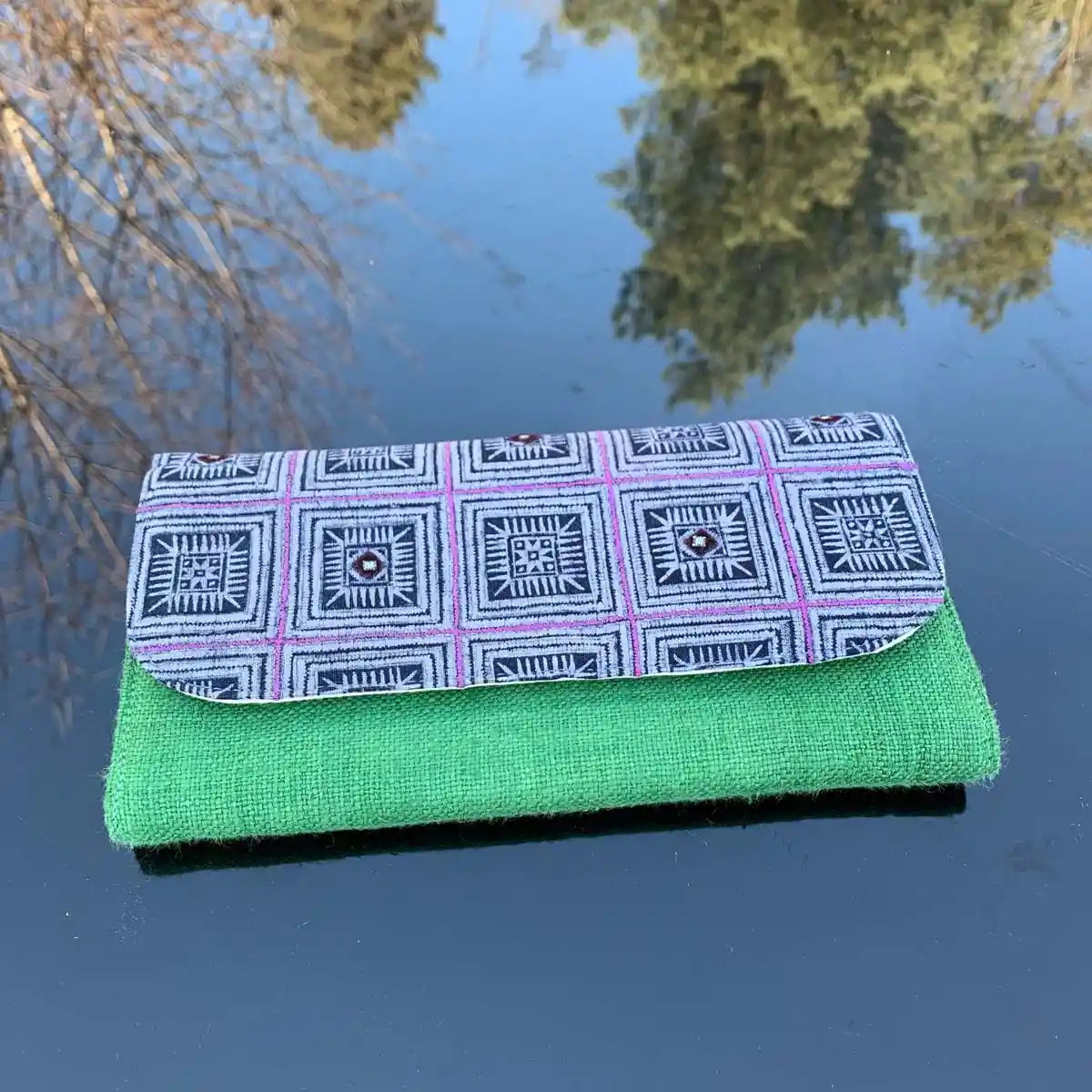 Vindigo long purse green turquoise hemp and batik geometric design front