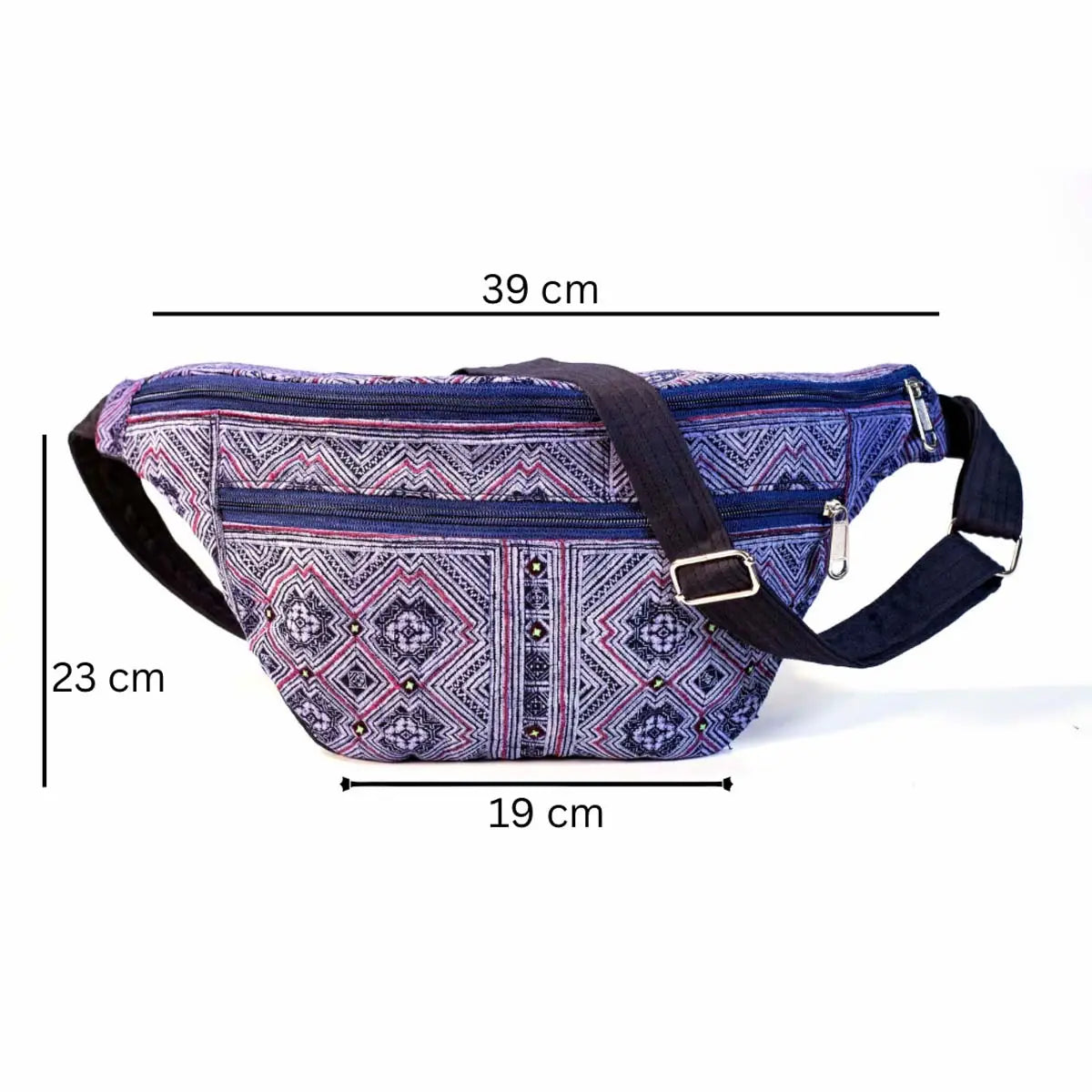 Vindigo purple hemp waist bag with size measurements shown