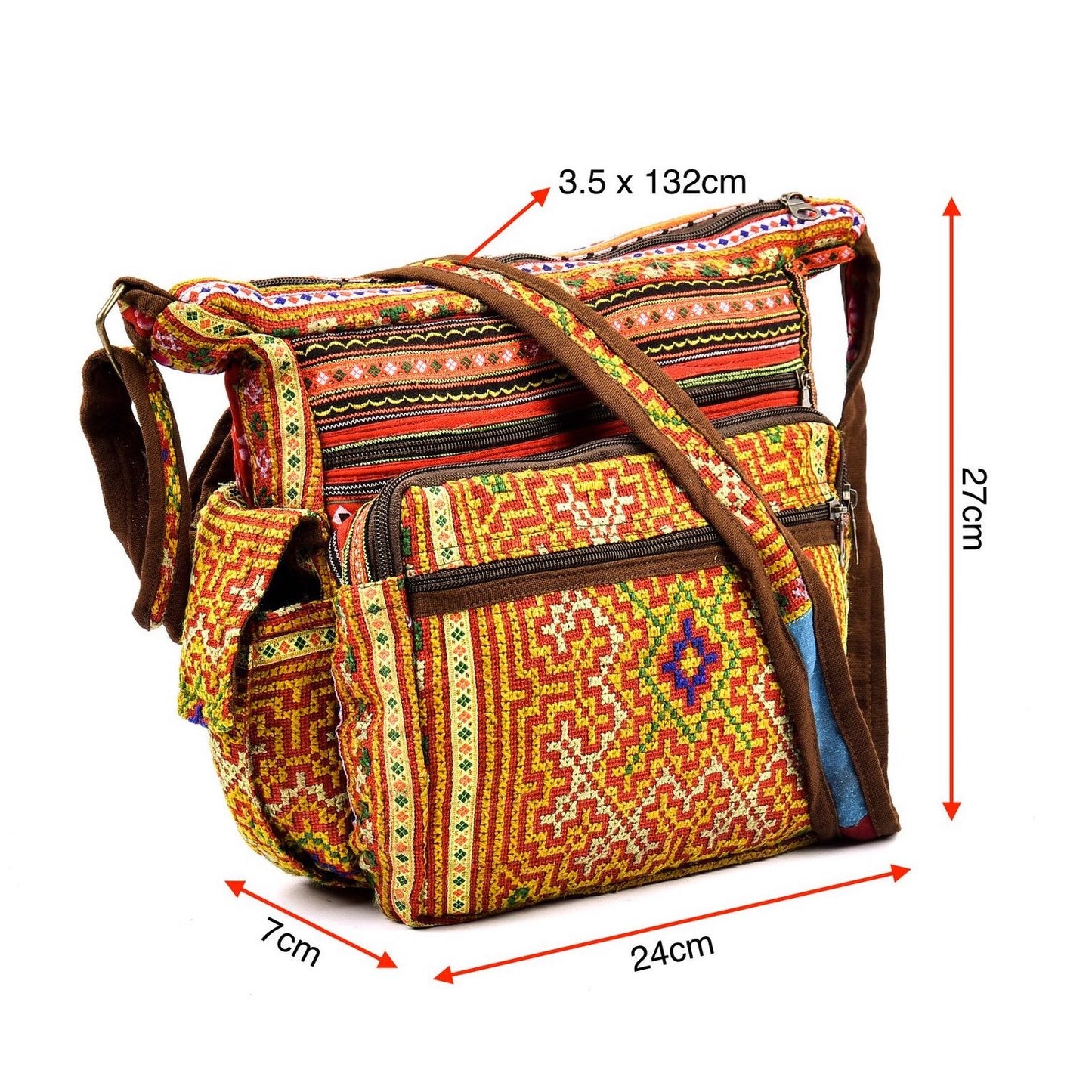 Boho-style linen, embroidery cross-body bag, H'mong tribal pattern in ORANGE