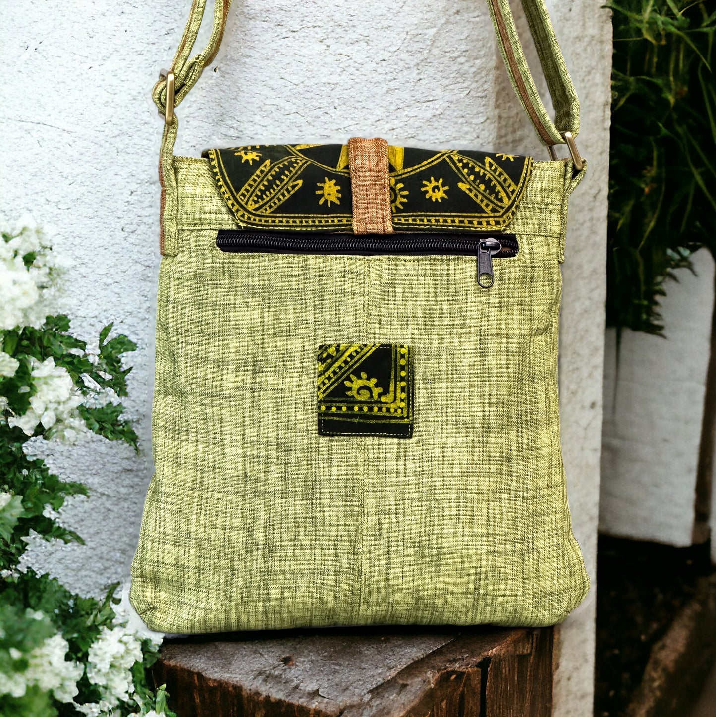 Batik cross-body bag, hand-drawn batik pattern, young rice green color