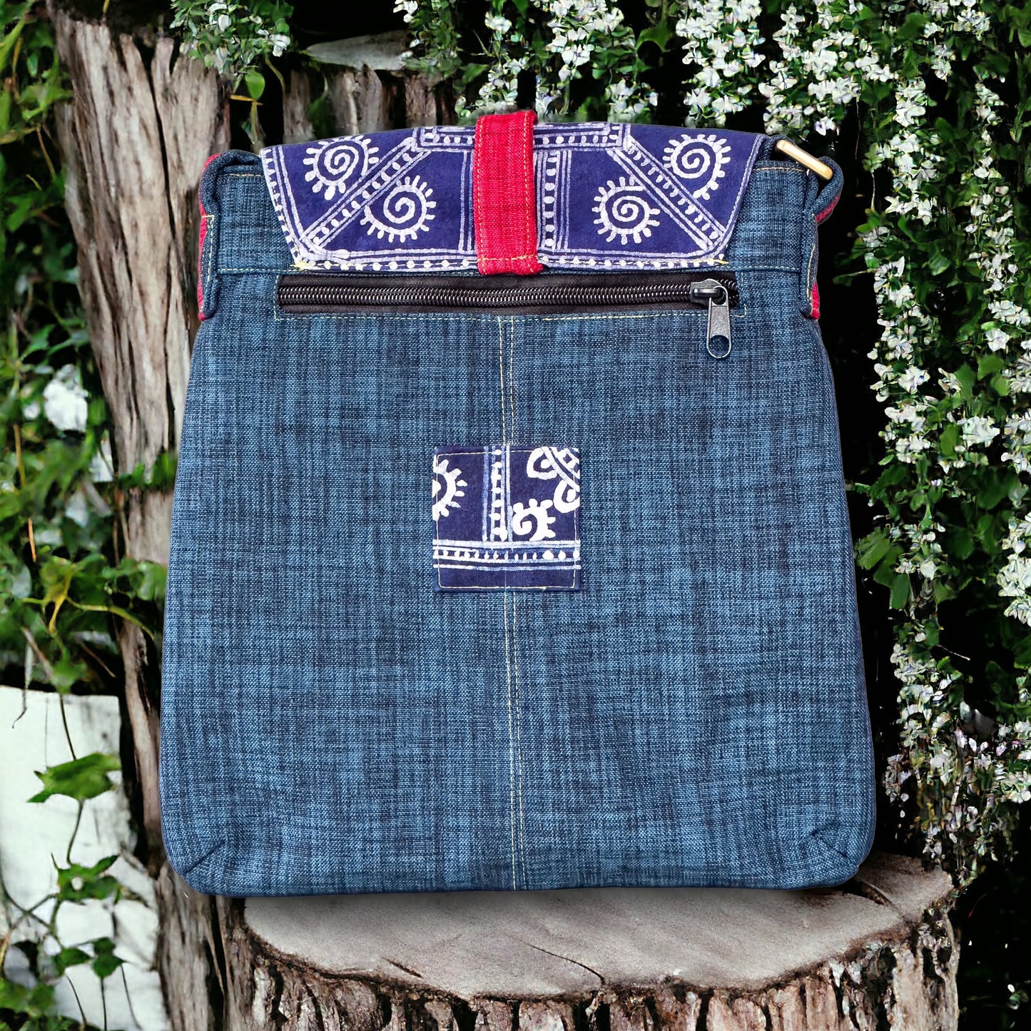 Batik cross-body bag, hand-drawn batik pattern, indigo blue