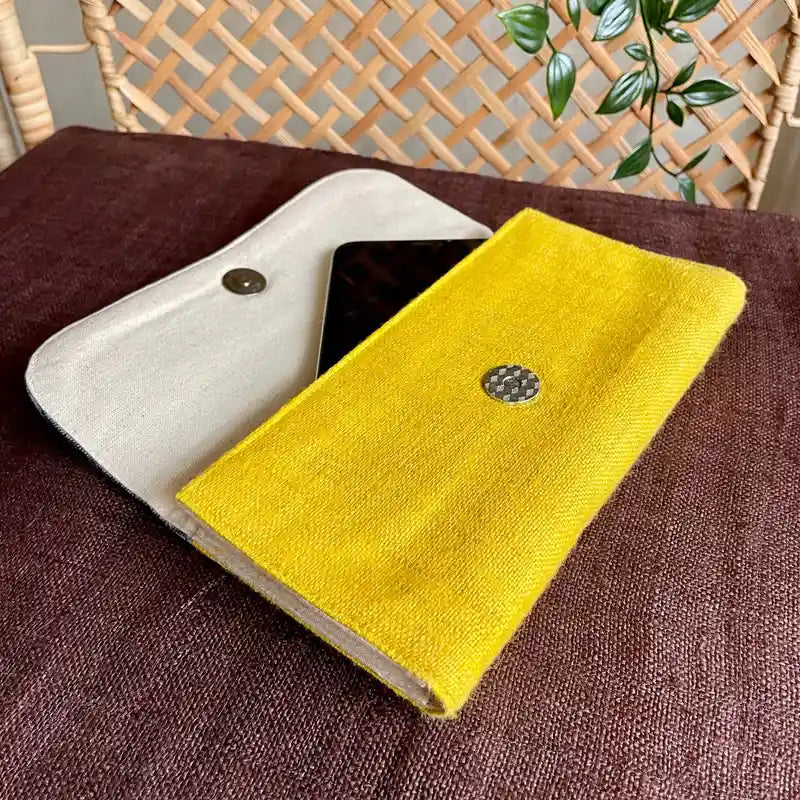 Vindigo long purse yellow hemp geo square open view with phone