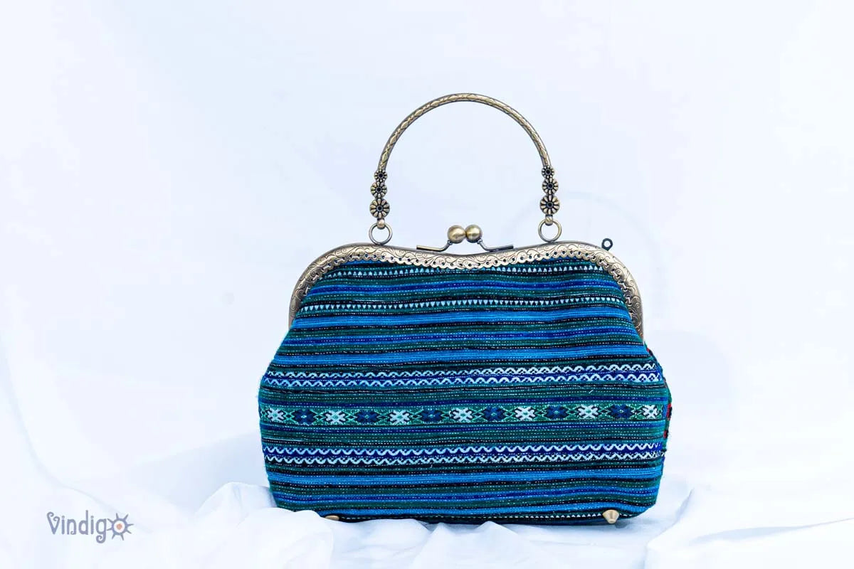 Vindigo striped blue embroidery handbag with copper handle front view