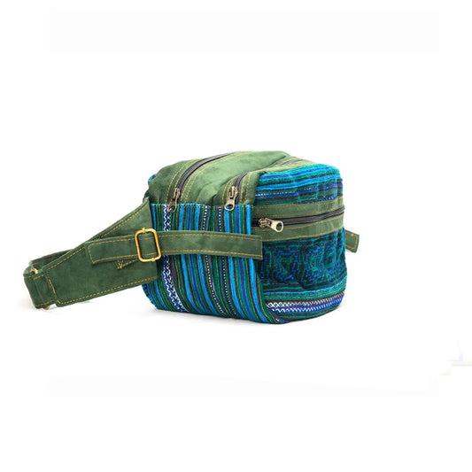 Vindigo blue embroidered waist bag with faux leather trim side angle