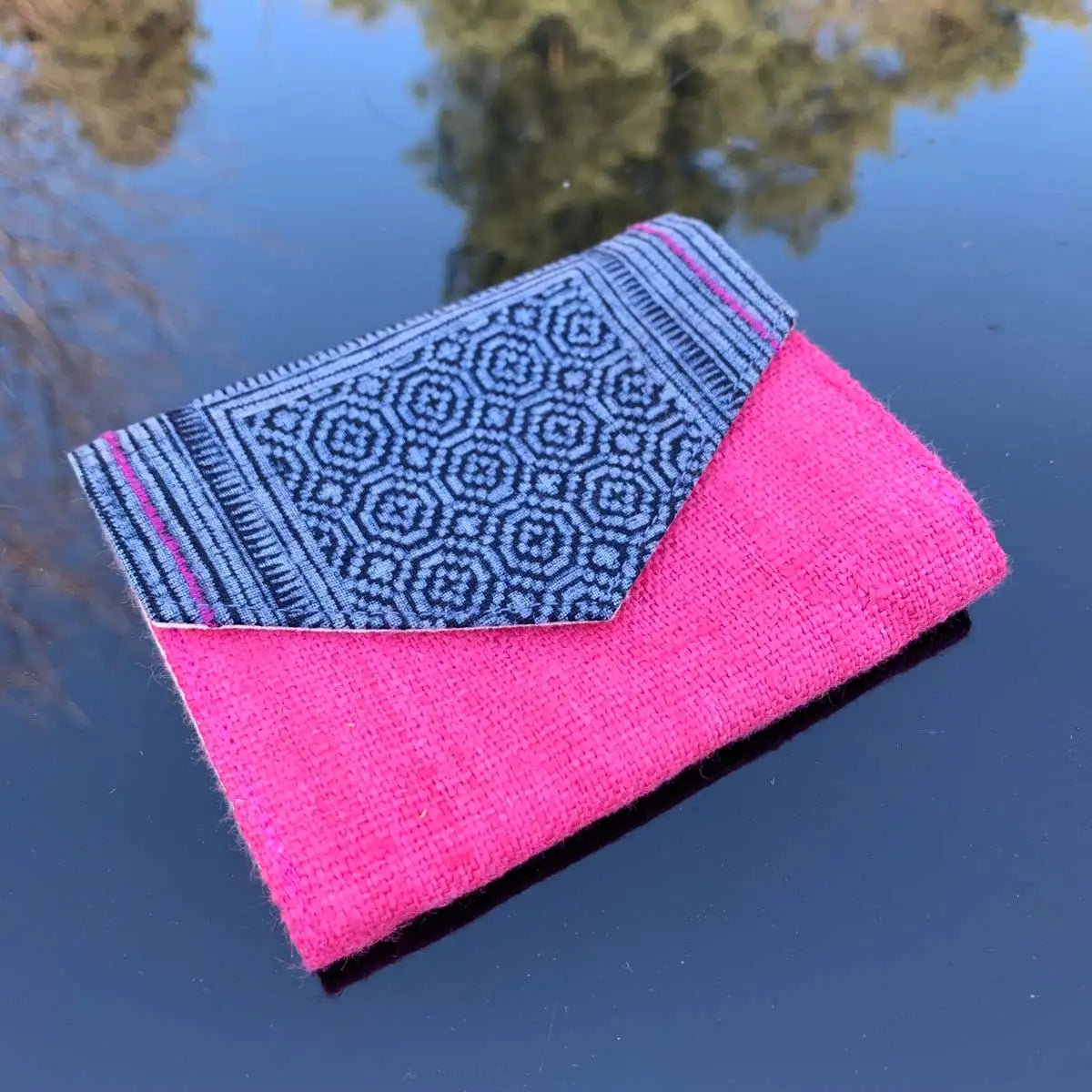 Vindigo handmade pink wallet with indigo batik design