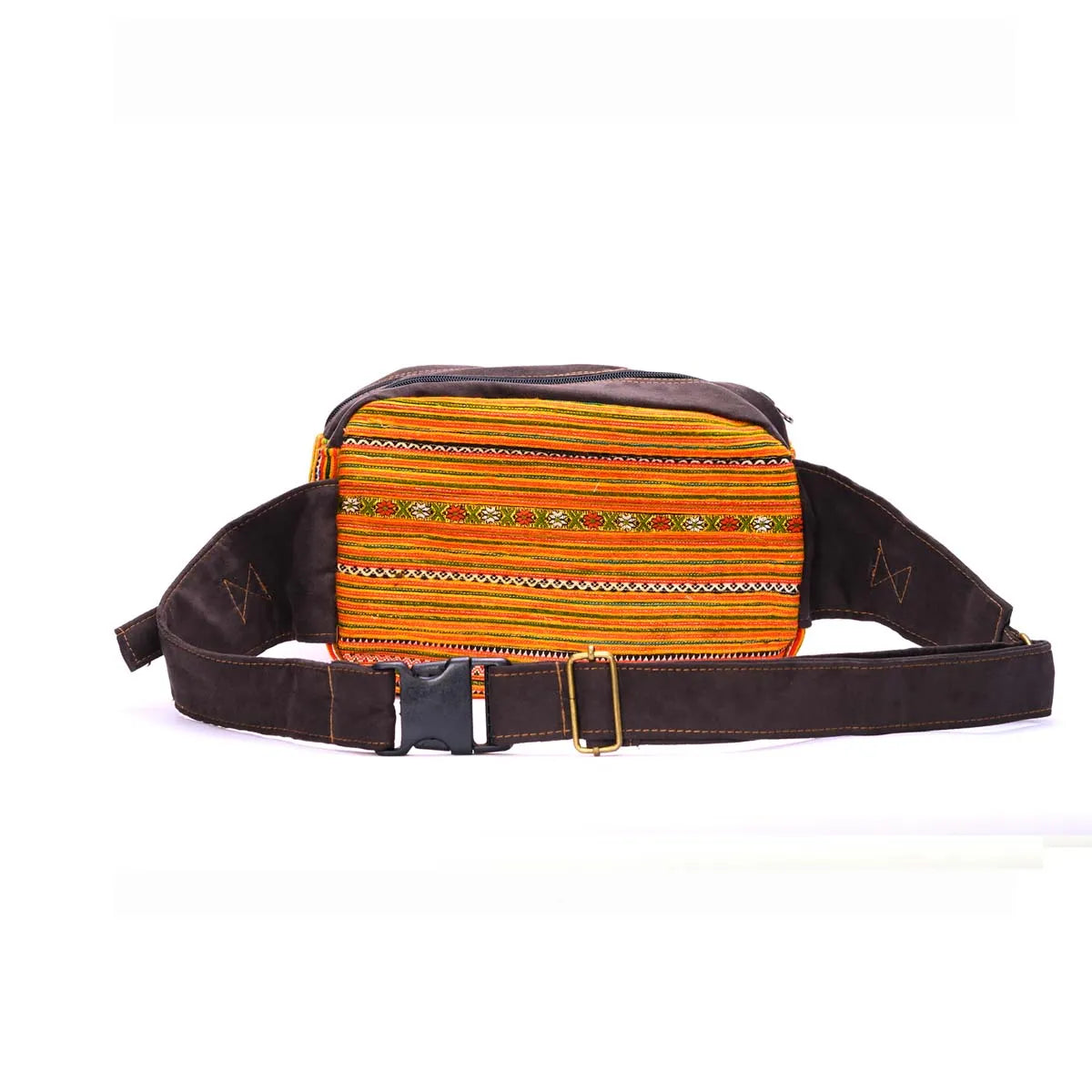 Vindigo orange waist bag front view with cross-stitch embroidery and faux leather trims