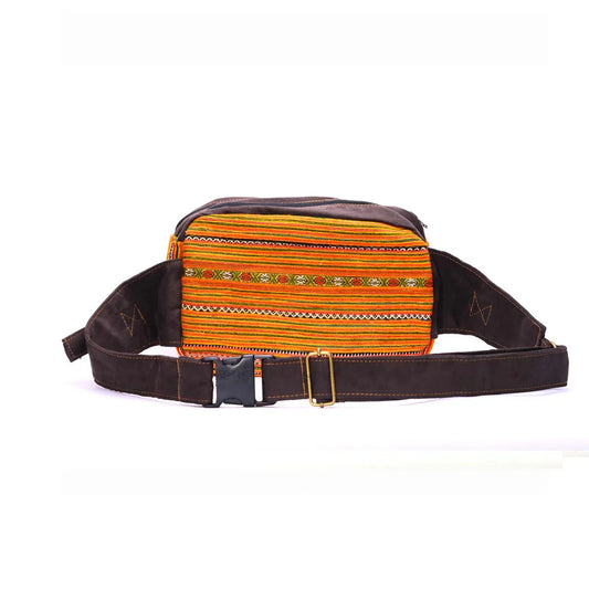 Vindigo orange waist bag front view with cross-stitch embroidery and faux leather trims