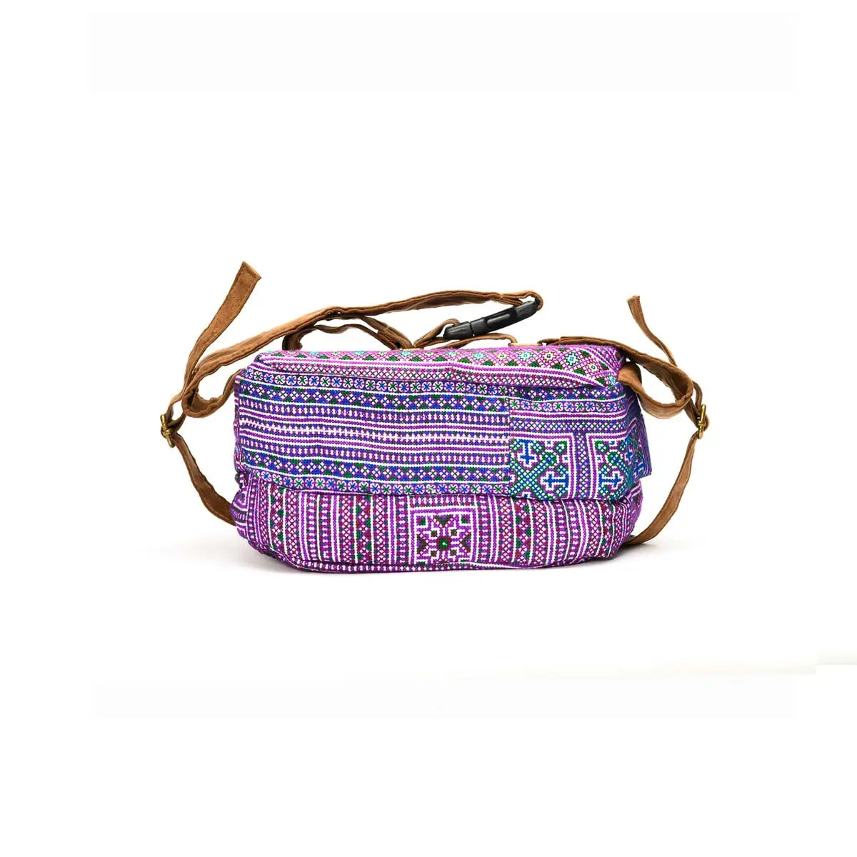 Vindigo cross-body waist bag in purple embroidery side perspective