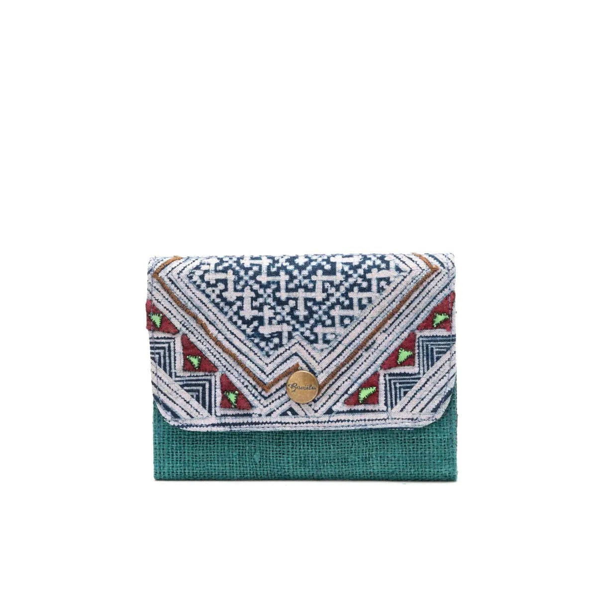 Vindigo tribal batik cardholder with V-shaped flap and green base front view
