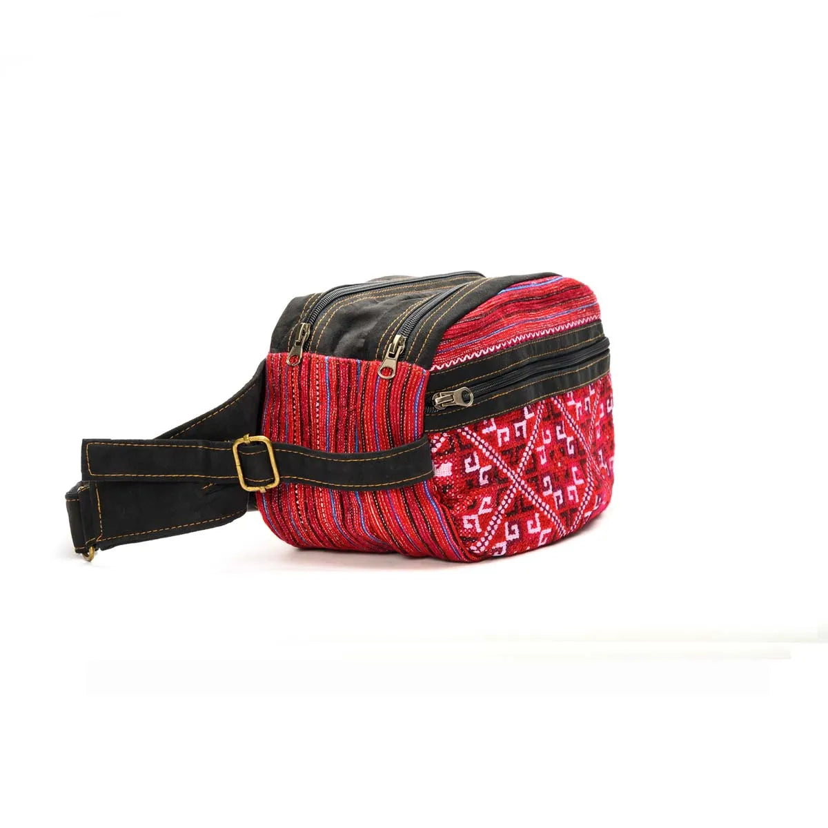 Vindigo red waist bag with cross-stitch embroidery and faux leather trim side view