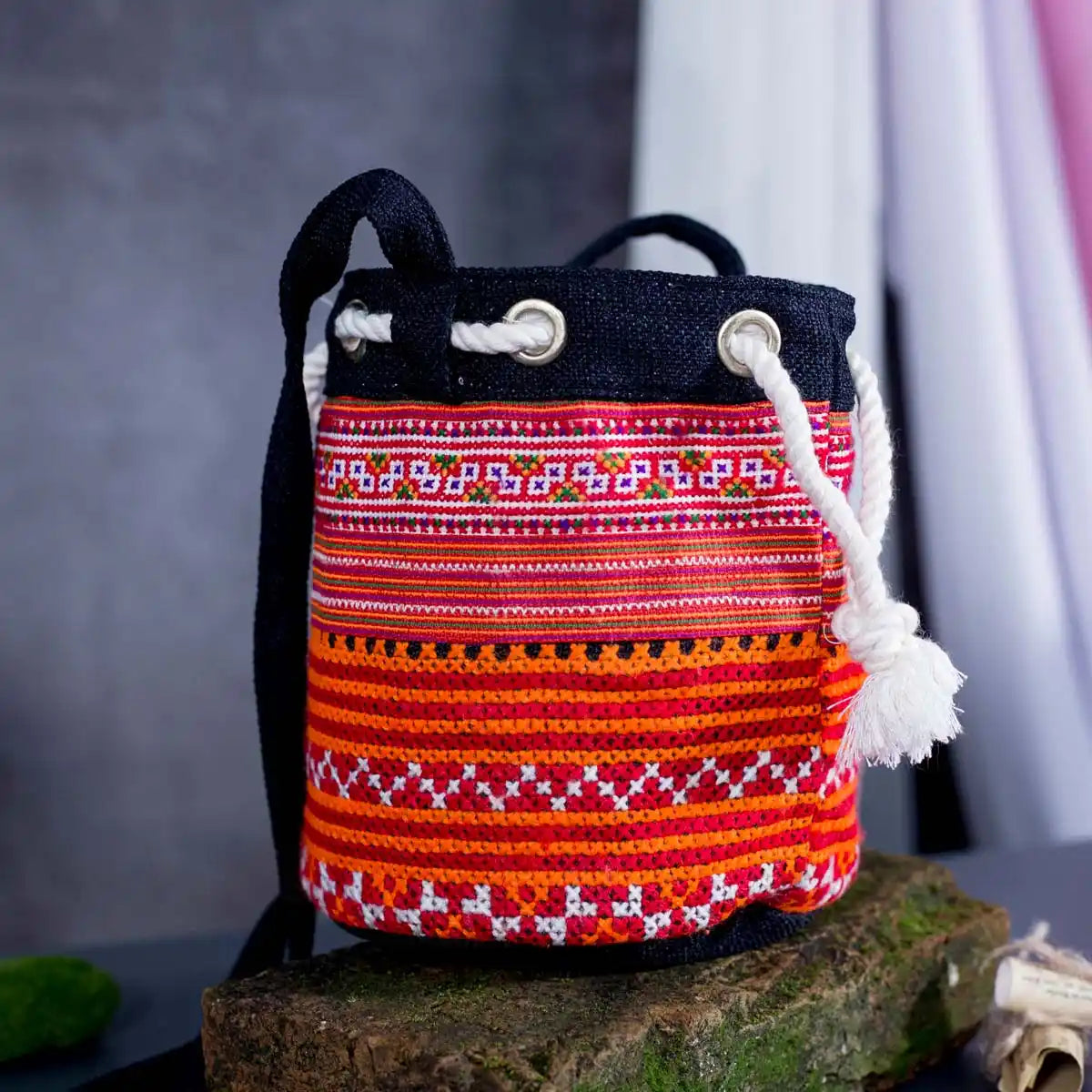 Vindigo orange hemp tribal bucket bag with white drawstring handle