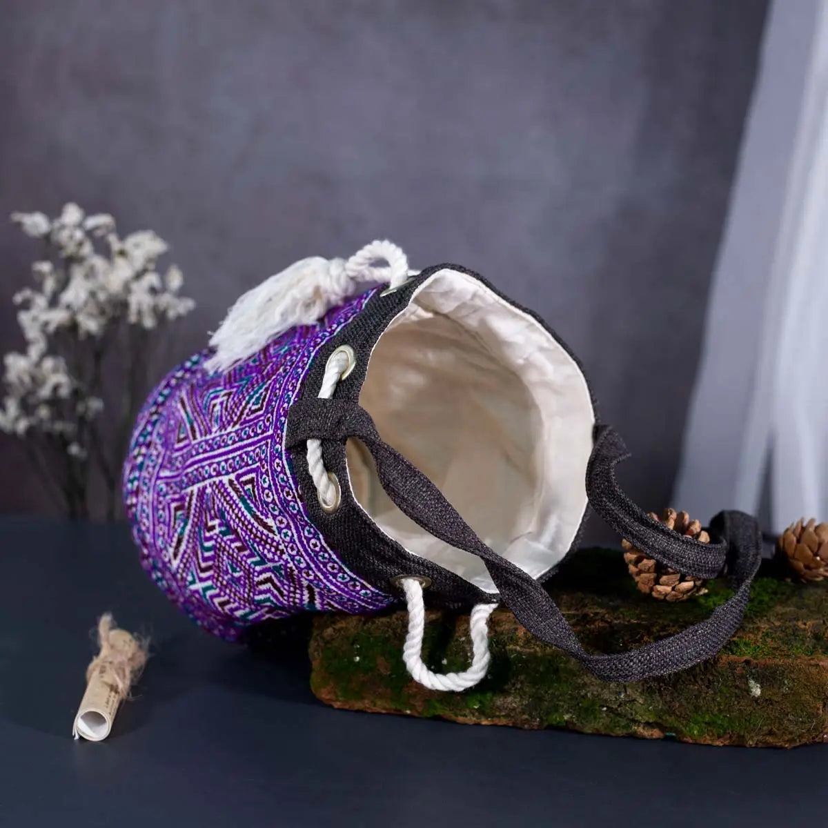 Inside view of Vindigo purple hemp floral hand-embroidered bucket bag