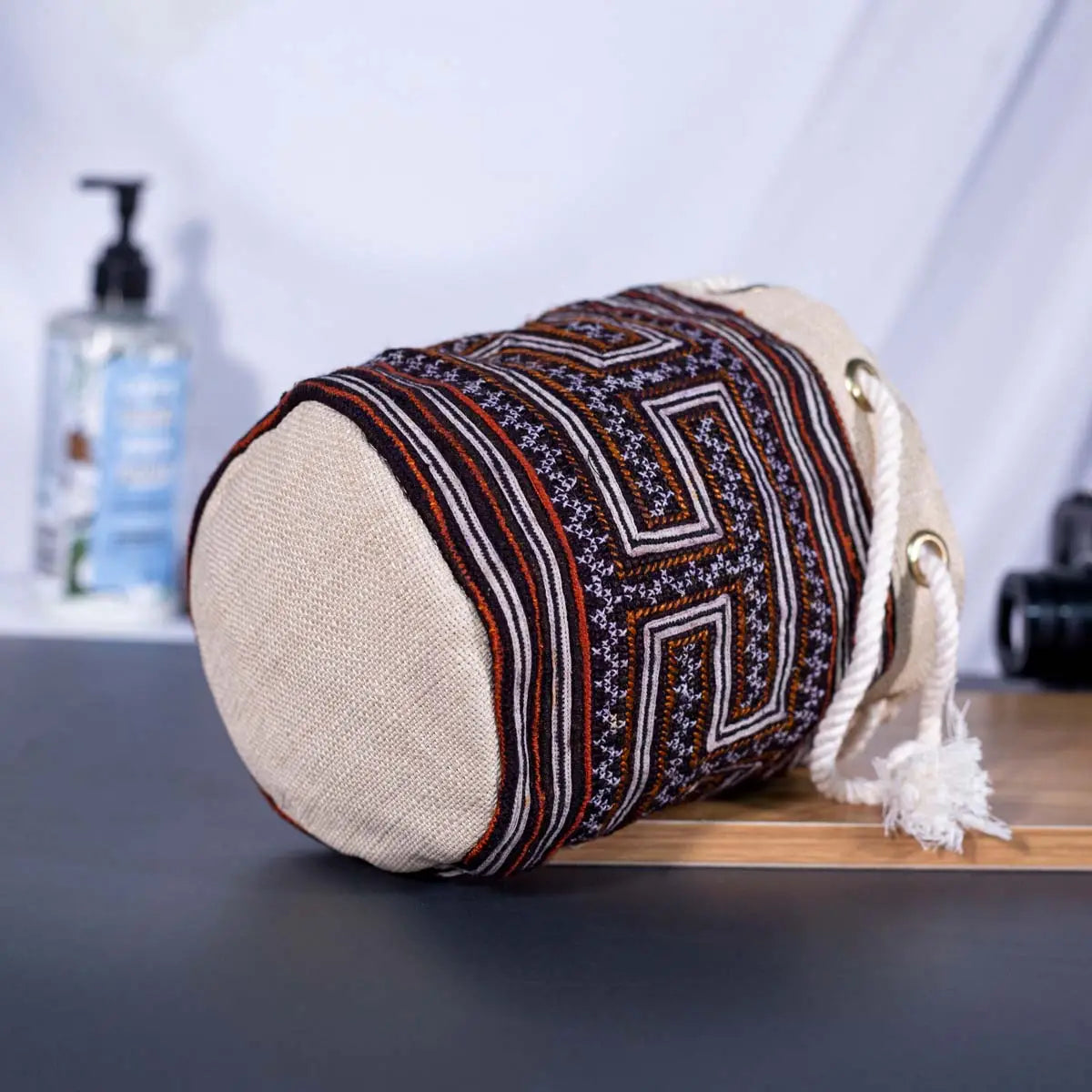 Vindigo brown embroidered canvas bucket bag bottom view