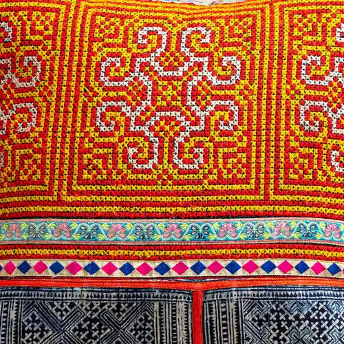 Vindigo cushion cover orange H’mong batik geometric embroidery detail