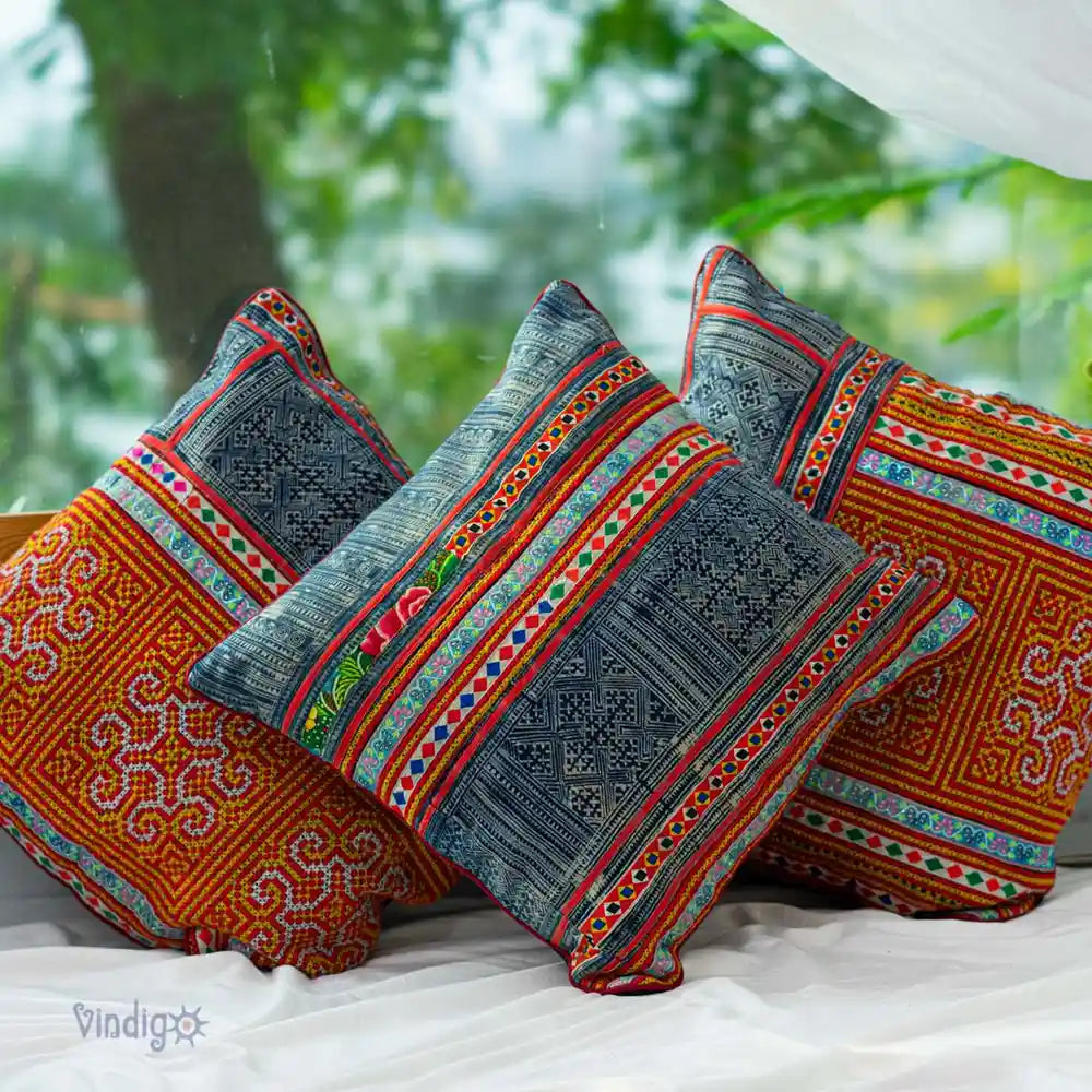 Vindigo cushion cover grey H’mong batik embroidered outdoor view
