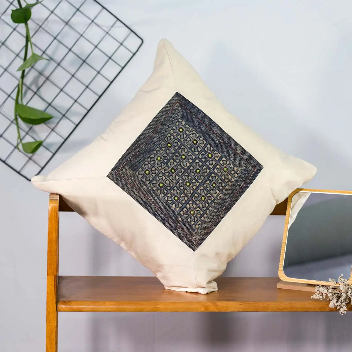 Vindigo handmade beige cotton cushion cover side angle on chair