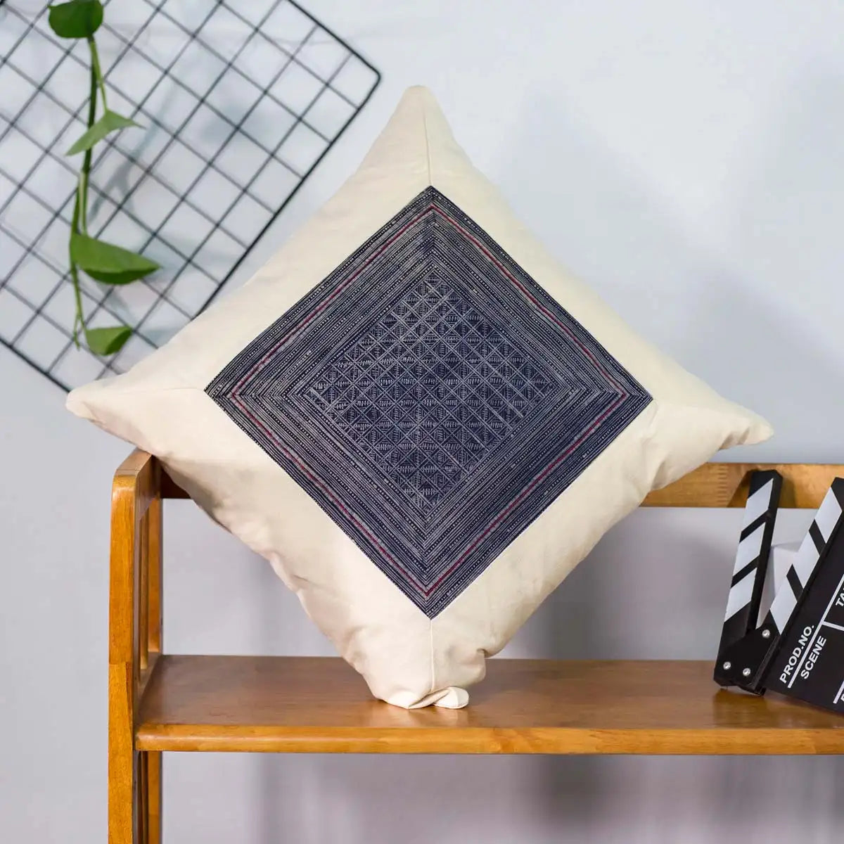 Vindigo handmade beige cotton cushion cover side angle on chair