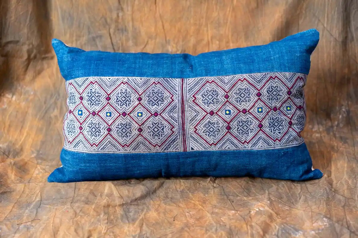 Indigo hemp lumbar cushion with geometric batik pattern