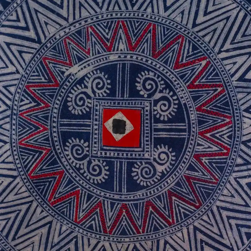 Vindigo blue batik cushion cover with geometric H’mong motif front angle