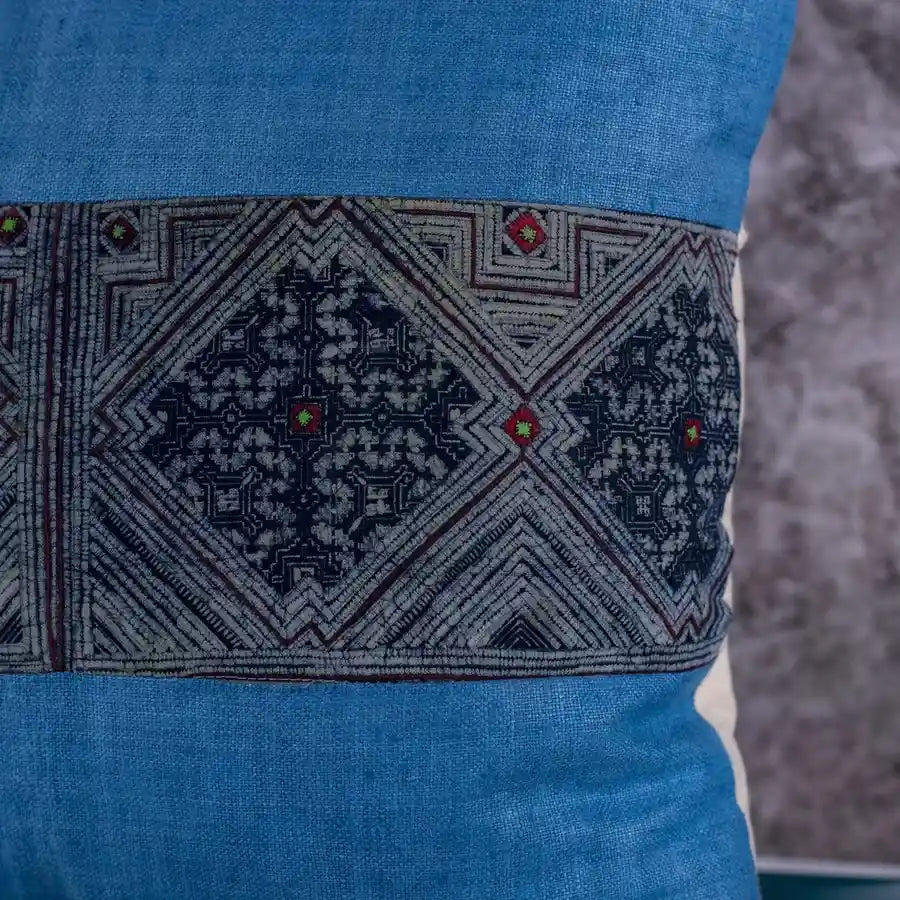 Vindigo blue hemp embroidered cushion cover close-up embroidery