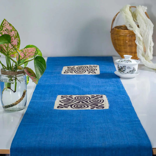 Vindigo blue hemp table runner full top view displaying traditional H’mong pattern