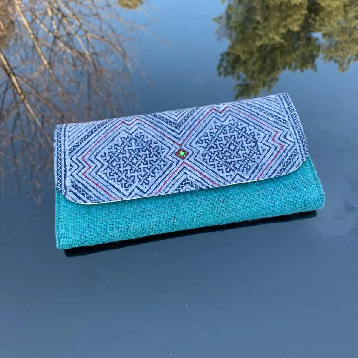 Vindigo long purse turquoise hemp with indigo batik magnetic button detail