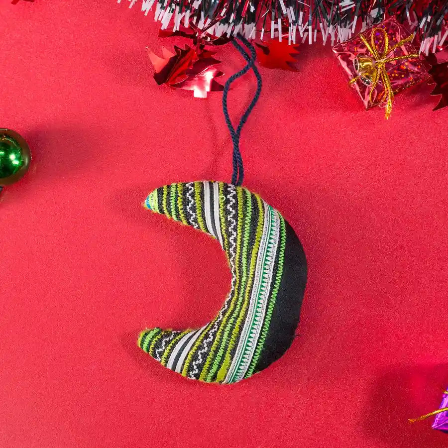 Vindigo green tribal embroidered moon-shaped Christmas ornament front view