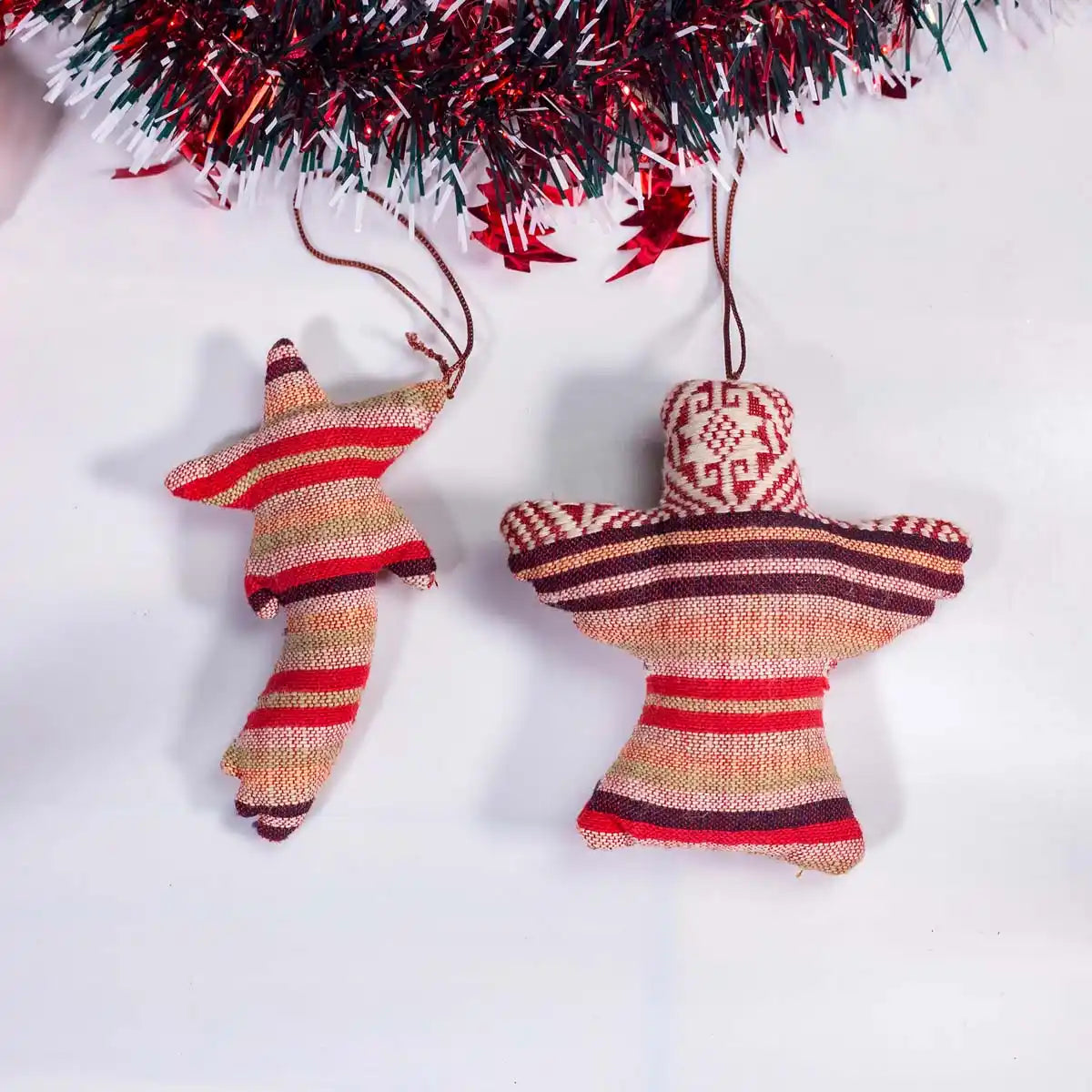 Vindigo red tribal embroidered bell ornaments pair hanging under garland