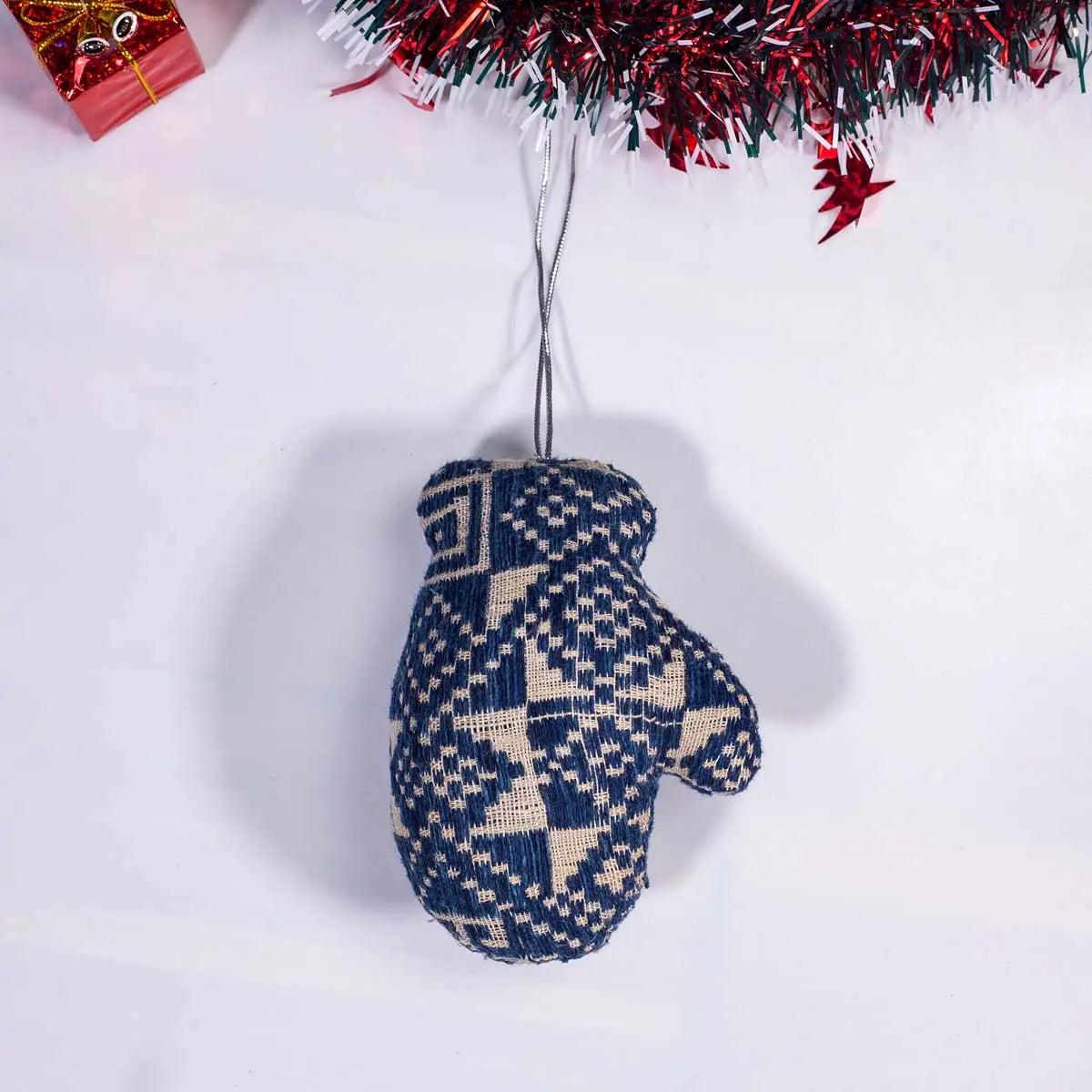 Vindigo handmade blue tribal embroidered mitten Christmas ornament hanging display