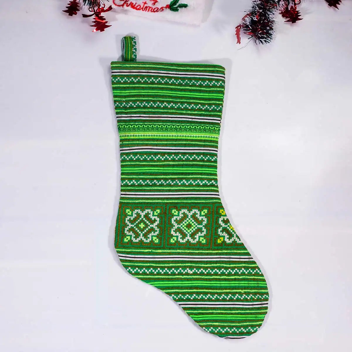 Vindigo green H’mong embroidery Christmas stocking front angle