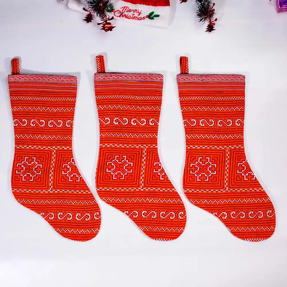 Vindigo red H’mong embroidered Christmas stockings set front view