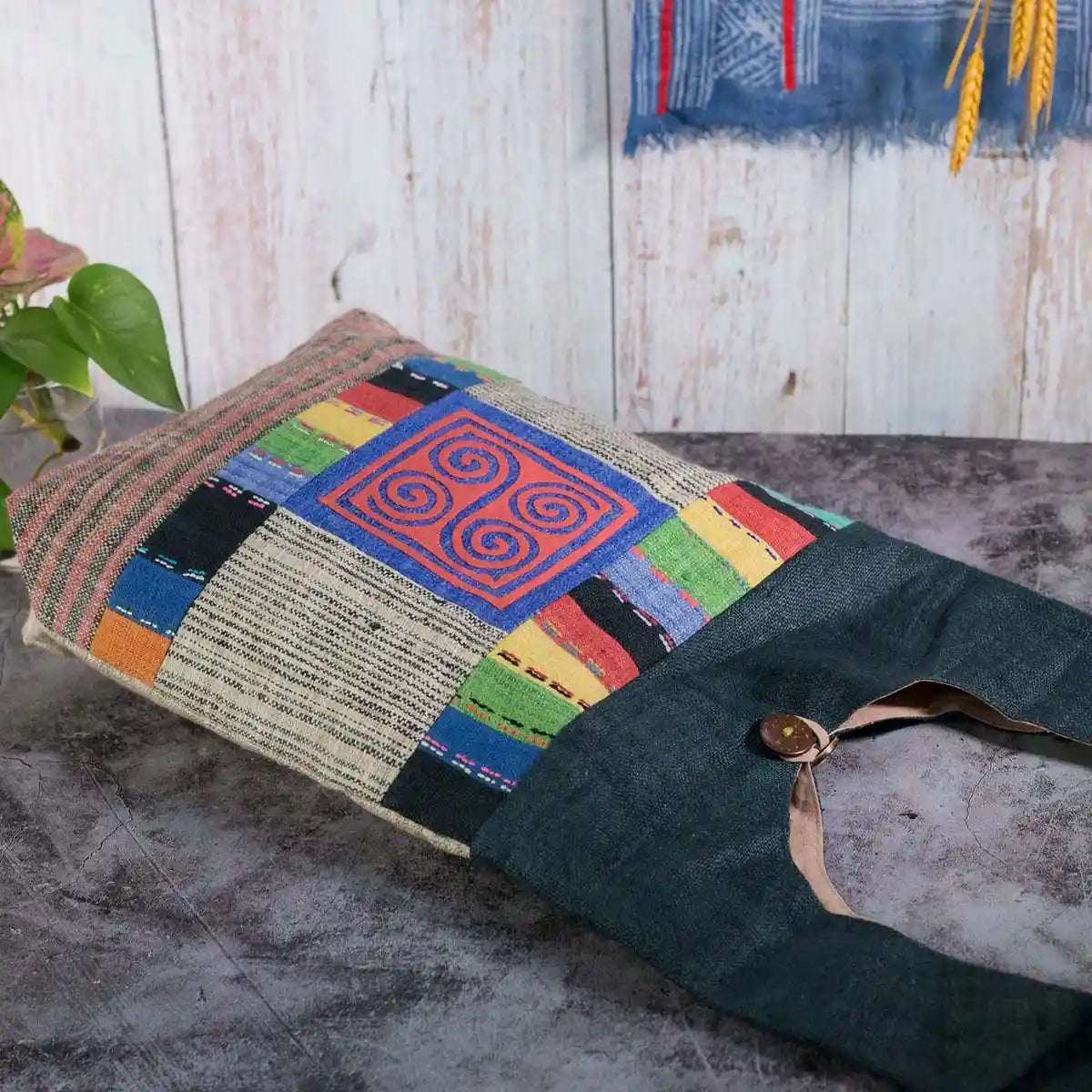 Vindigo shoulder bag teal hemp blue spiral patch side angle