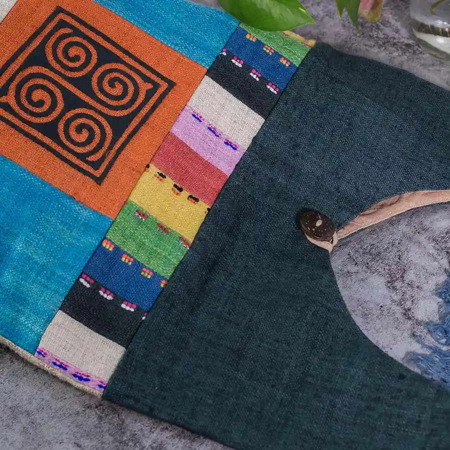 Vindigo shoulder bag teal hemp multicolor stripe and spiral patch close-up