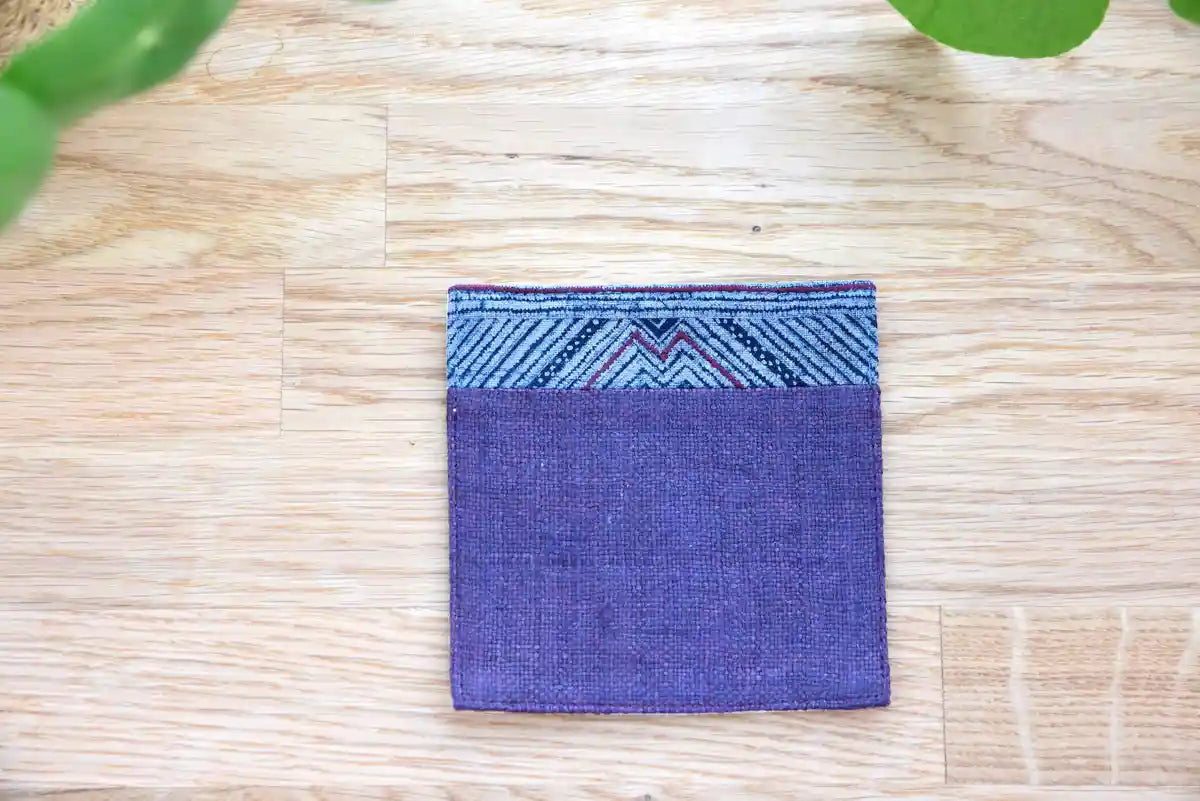 Variant design of handmade indigo hemp coaster with geometric motif
