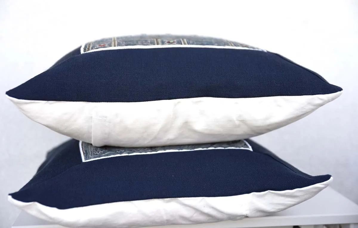 Side view of indigo hemp pillow cover with white cotton back