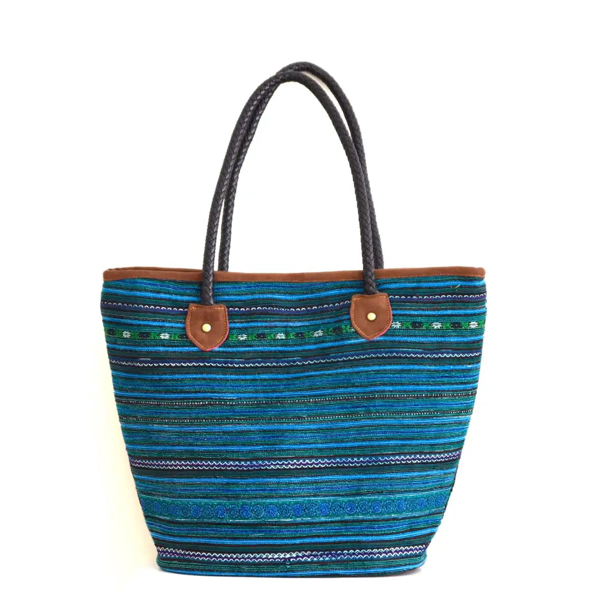 Side view of Vindigo blue tribal hemp tote bag